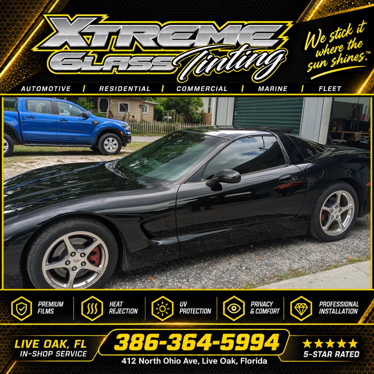 Black Corvette with tinted windows in an Xtreme Glass Tinting Live Oak job-photo frame